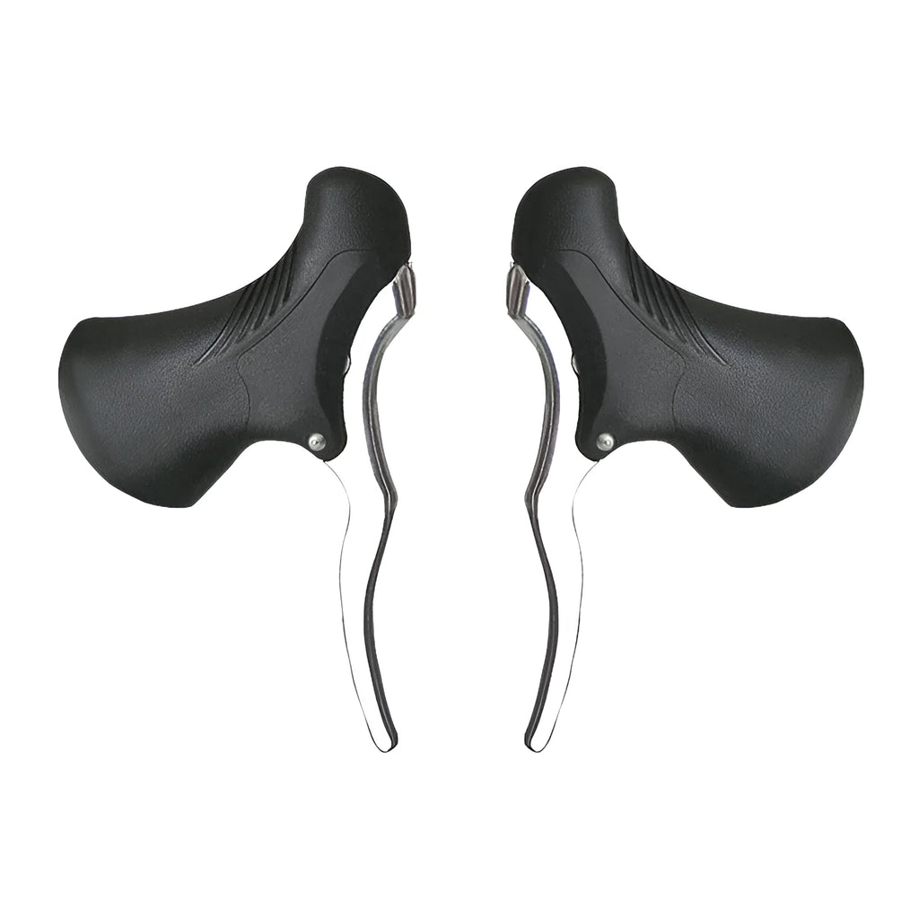 Pair of aluminium alloy road bicycle brake handles in black and black-silver colours for 22.2mm and 23.8mm handlebars.