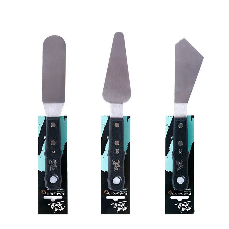 Set of three stainless steel oil painting palette knives showing No. 3, No. 10, and No. 12 scraper styles.