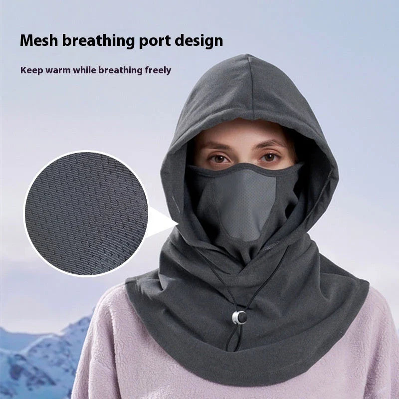 Versatile thermal fleece scarf in various colors, including black, dark gray, light gray, and pink, with adjustable drawstring and transformable design