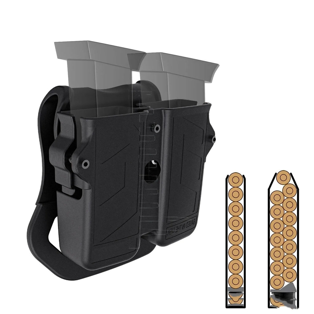 Black nylon magazine holder with a magazine inserted, set on a desk surface