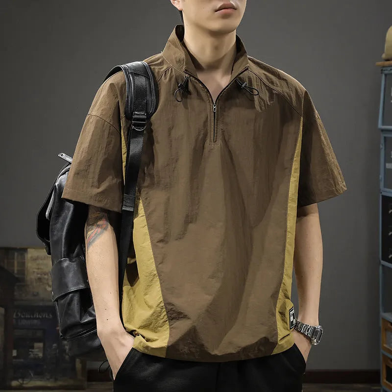 Brown men's half-zip stand collar short sleeve shirt made from ice silk fabric.