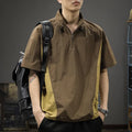 Brown men's half-zip stand collar short sleeve shirt made from ice silk fabric.
