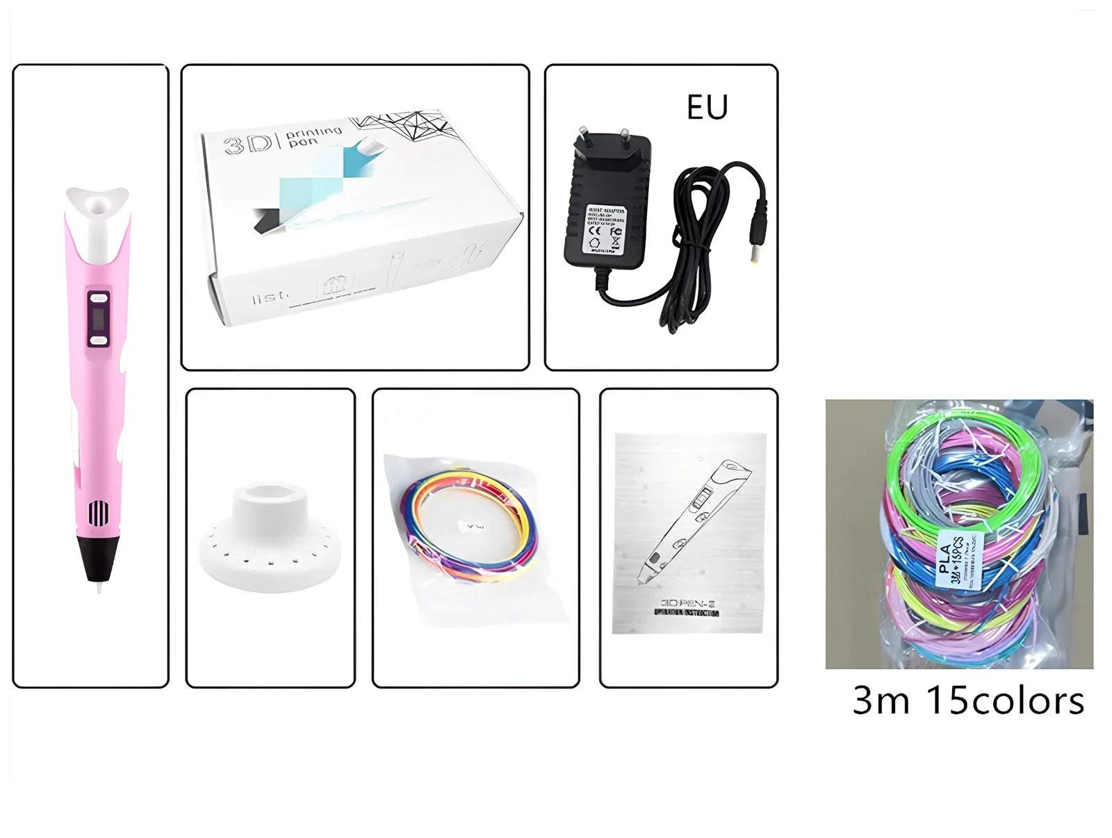 Yellow Children's 3D Printing Pen with USB, base, and 3m 3-colour consumables for three-dimensional drawing