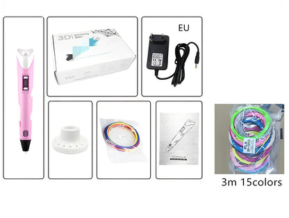 Yellow Children's 3D Printing Pen with USB, base, and 3m 3-colour consumables for three-dimensional drawing