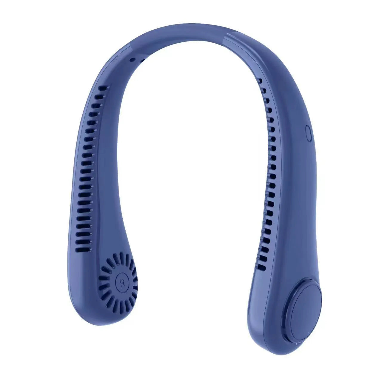 Rechargeable bladeless neck fan worn around neck showing decentralised air outlets