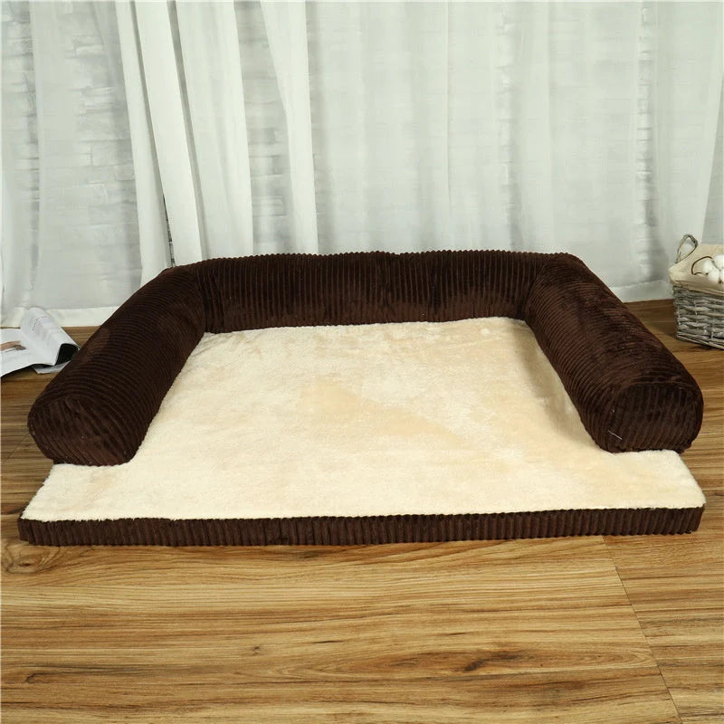 Corduroy Pet Sofa in various sizes and colors, featuring a non-slip base and high-density sponge padding