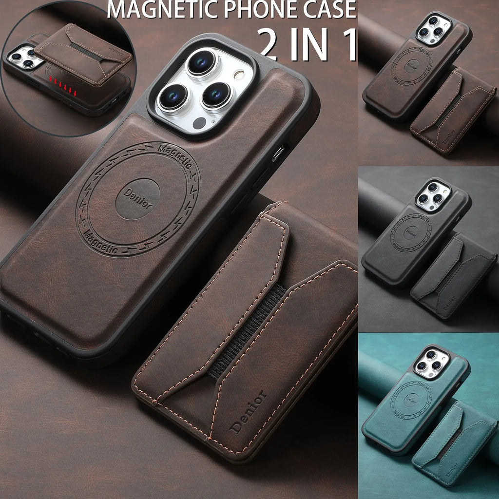 Imitation leather rotating bracket phone case with magnetic card pack for iPhone 16 Pro Max in black
