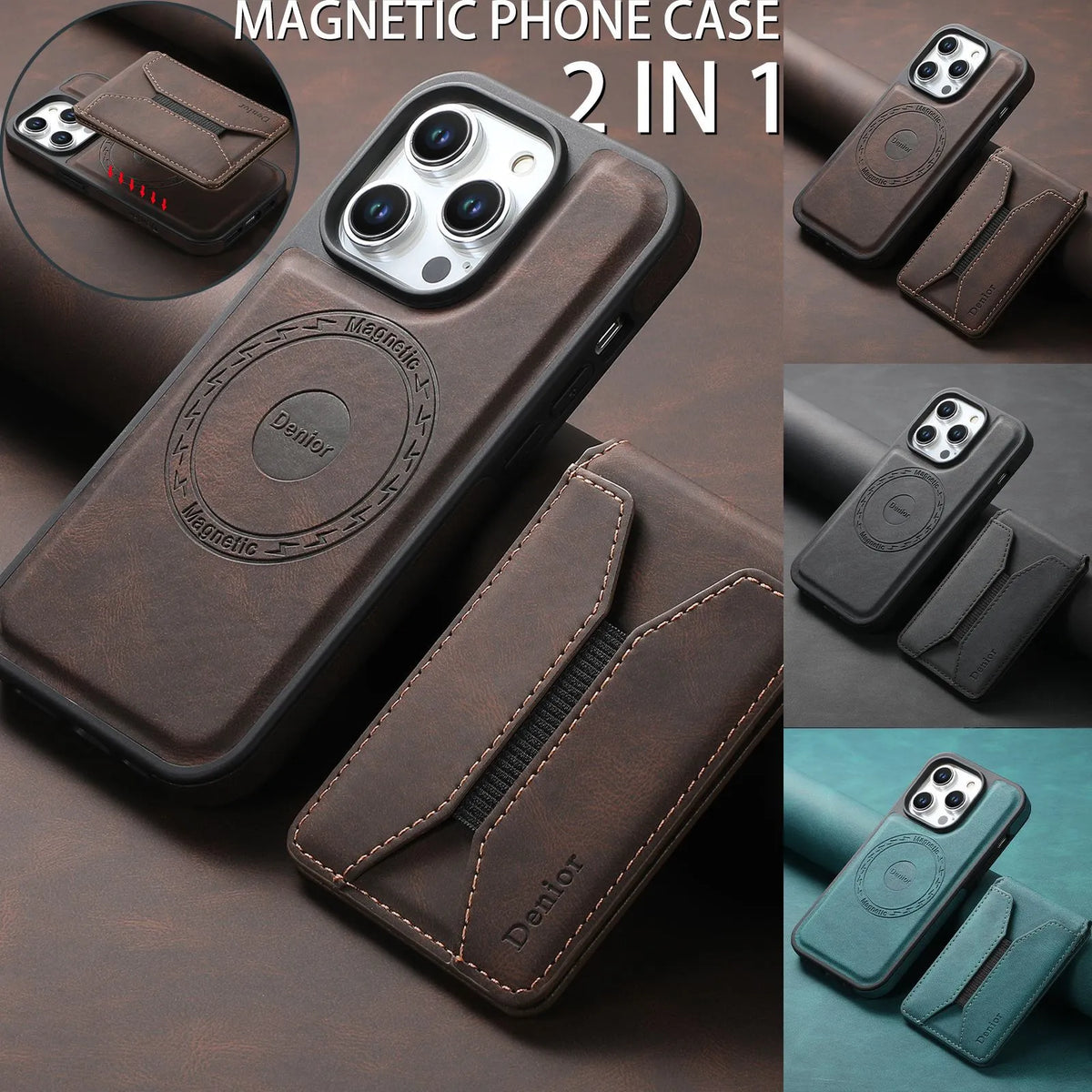 Imitation leather rotating bracket phone case with magnetic card pack for iPhone 16 Pro Max in black