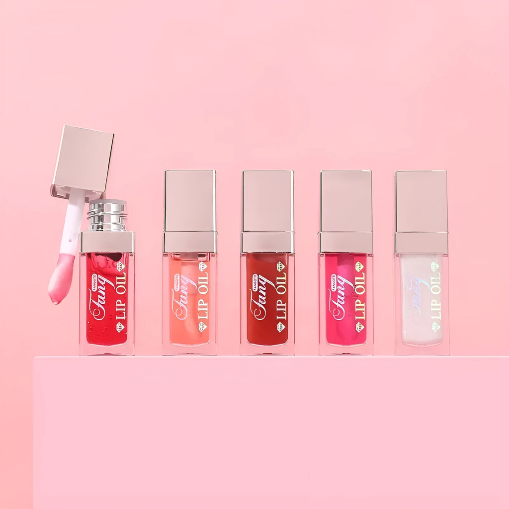 Five bright coloured mint lip gloss tubes showing shades Style001, Style006, Style007, Style012 and Style015