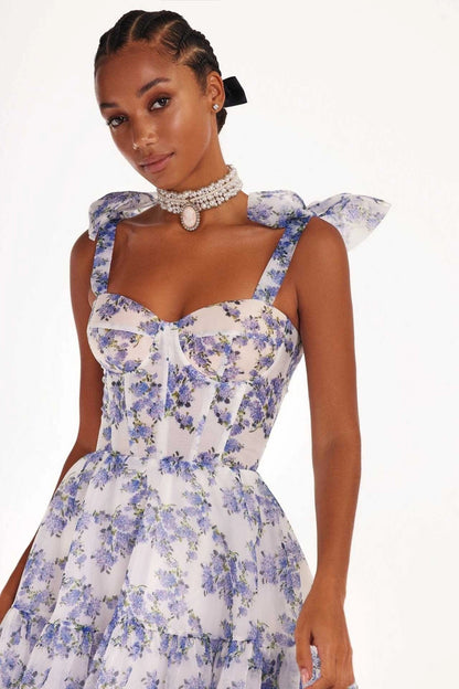 Floral off-the-shoulder organza dress with lace-up back detail