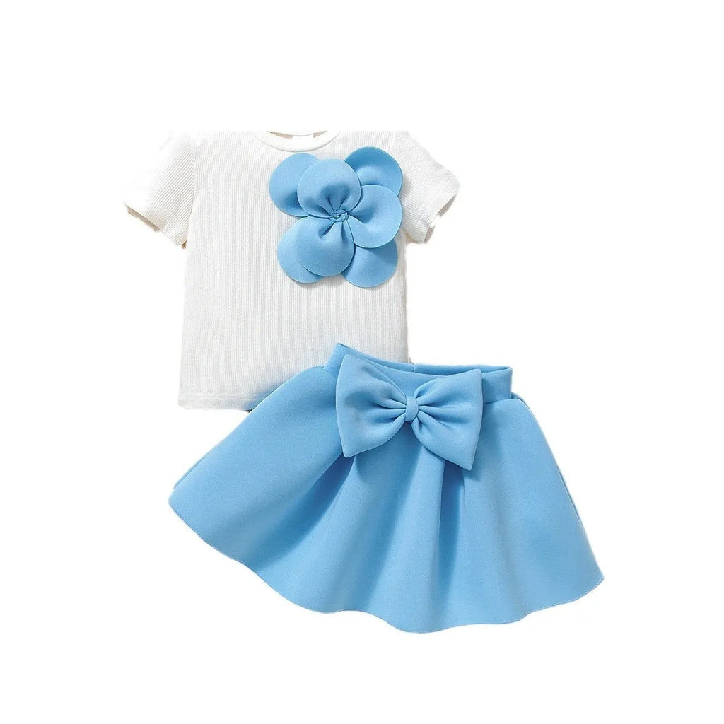Baby girls flower print short sleeves top with bow puff skirt set in pink colour on child