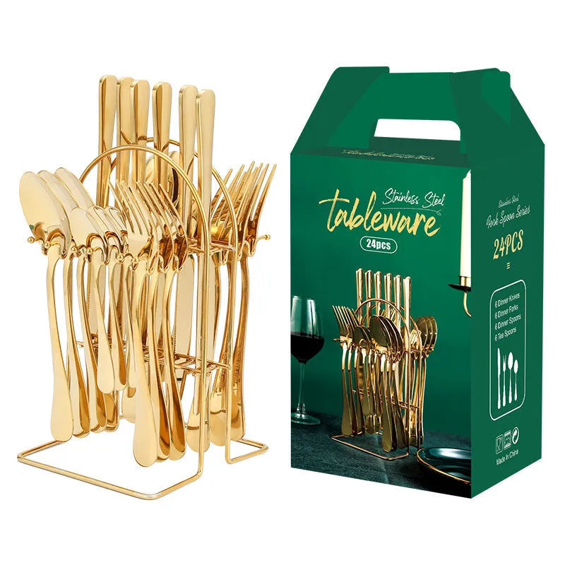 24-piece stainless steel cutlery set with storage rack in gold finish showing knives, forks, spoons