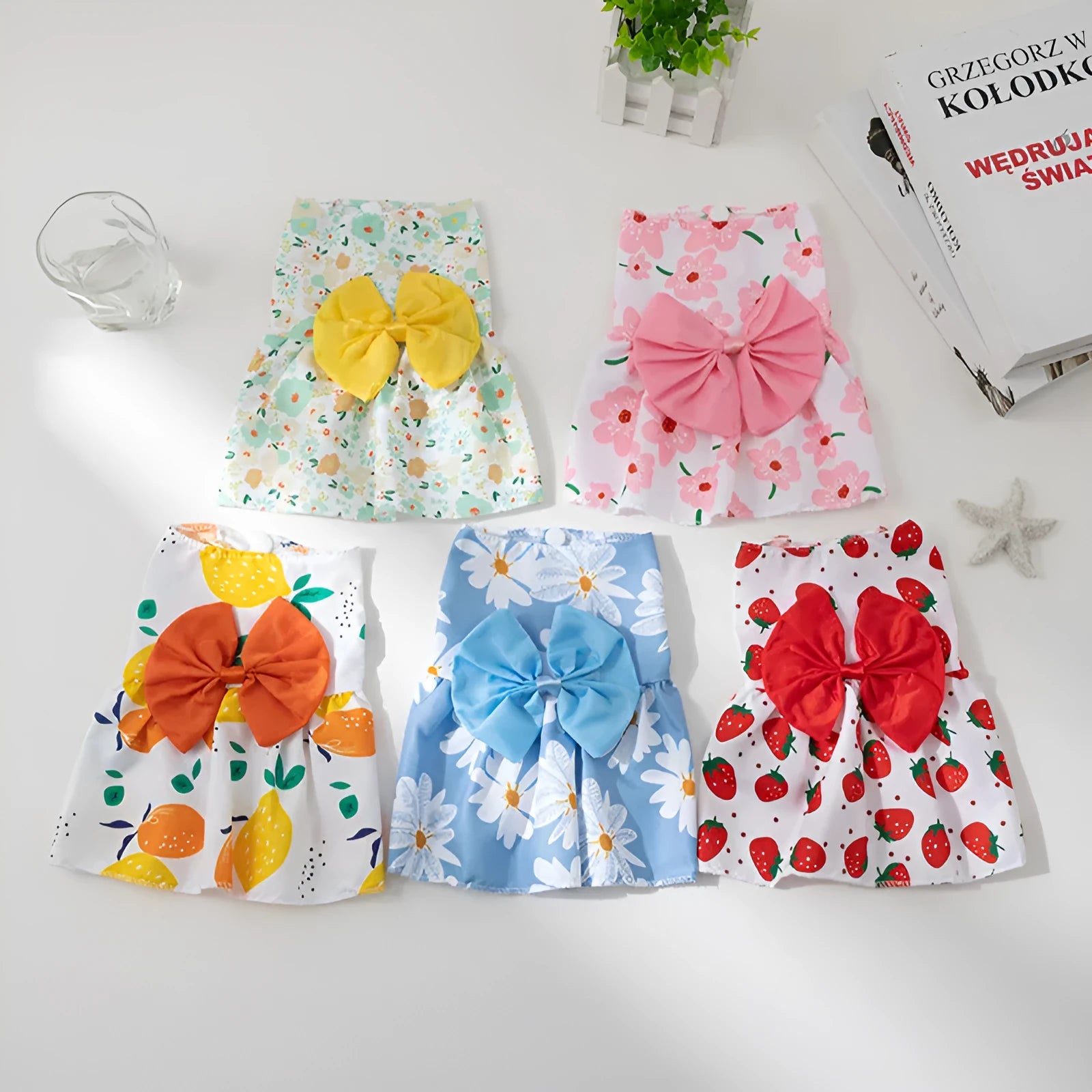 Ultra-thin floral butterfly knot princess dress for pets in summer, shown with colour bow options.
