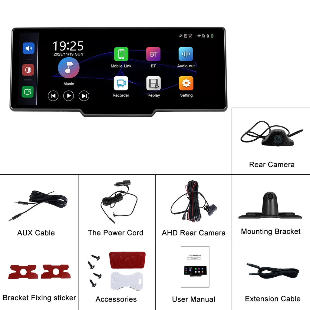 10.26-inch car DVR dash camera system with display, rear view camera, and mounting bracket