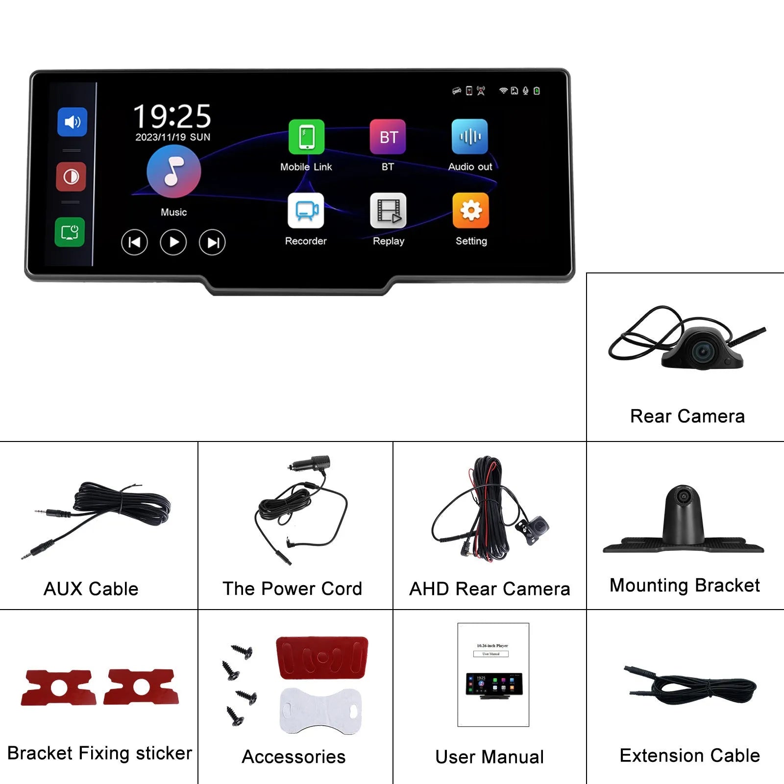 10.26-inch car DVR dash camera system with display, rear view camera, and mounting bracket