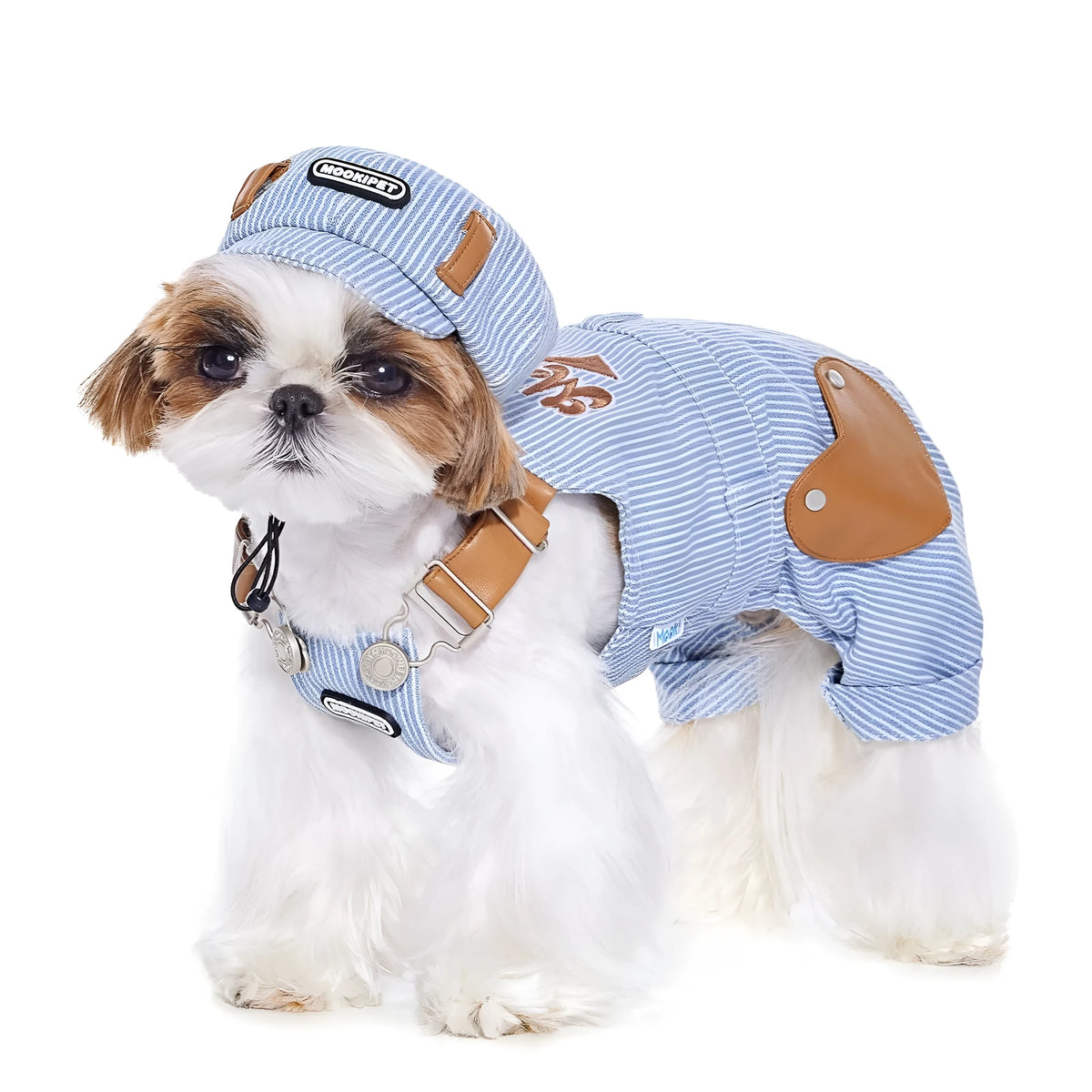 Blue polyester pet traction denim suspender pants for small dogs with adjustable straps