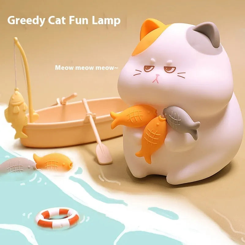 Greedy Cat cartoon desktop night light showing touch control and character design options