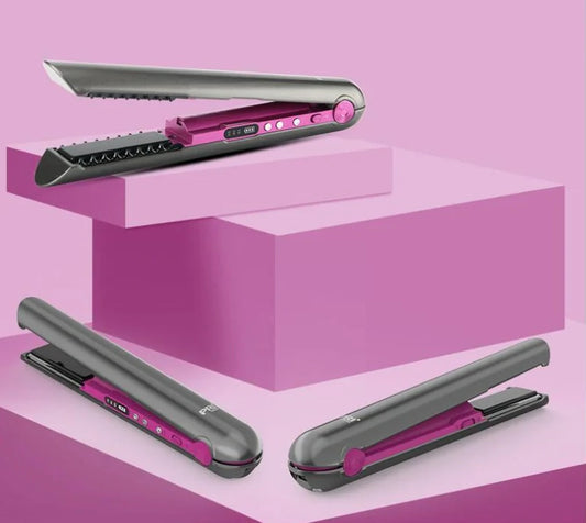 Purple USB hair straightener comb with ceramic heating plates and three temperature settings