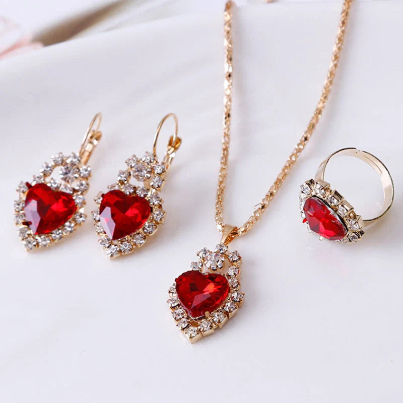 Water drop rhinestone jewellery set with adjustable necklace, earrings, and ring in various colours