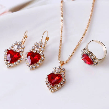 Water drop rhinestone jewellery set with adjustable necklace, earrings, and ring in various colours