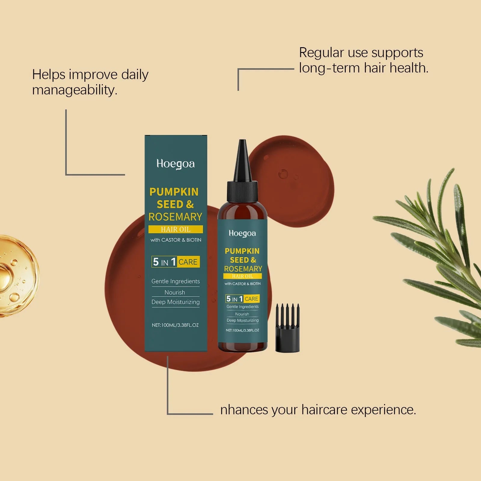 100ml rosemary essential oil bottle with pointed nozzle applicator and hair comb for scalp treatment
