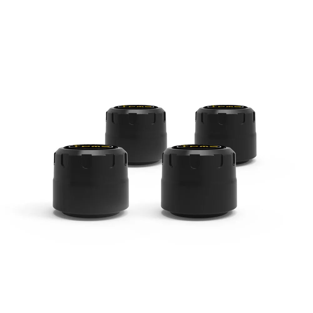 Black Bluetooth 5.0 automotive tyre pressure monitor with external sensors and installation tools