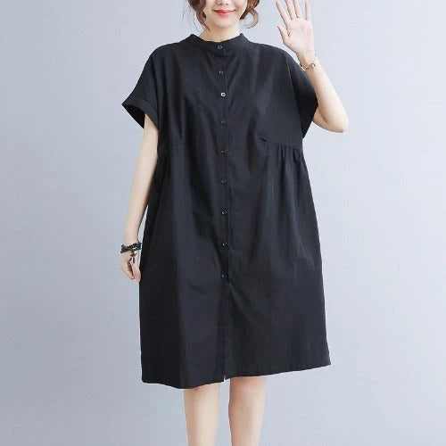 Literary loose plain cotton and linen stand collar short sleeves dress in black and white