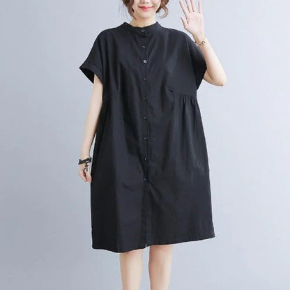 Literary loose plain cotton and linen stand collar short sleeves dress in black and white