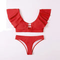 Ruffle solid tie bikini split ladies swimwear in red, high waist bottoms, backless top with chest pad, nylon fabric