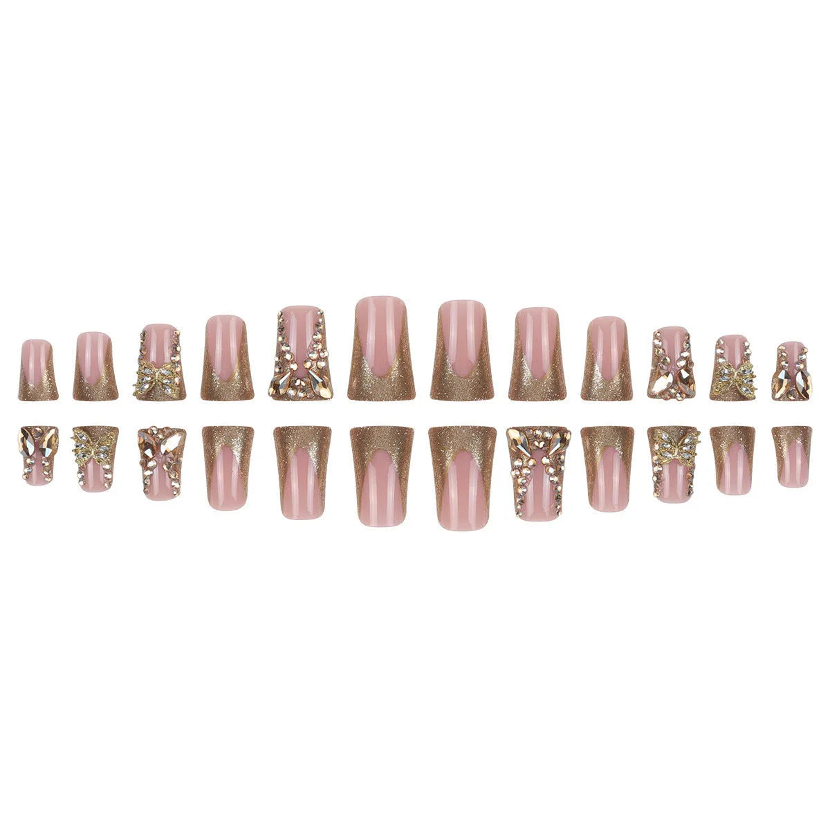 Golden diamond and butterfly design nail stickers on nails with debris texture, part of a 24-piece DIY kit.