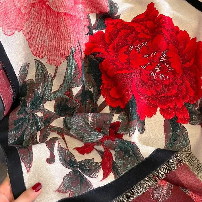 Retro floral artificial cashmere scarf in beige red, dimensions 60x180cm