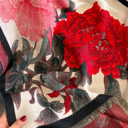 Retro floral artificial cashmere scarf in beige red, dimensions 60x180cm