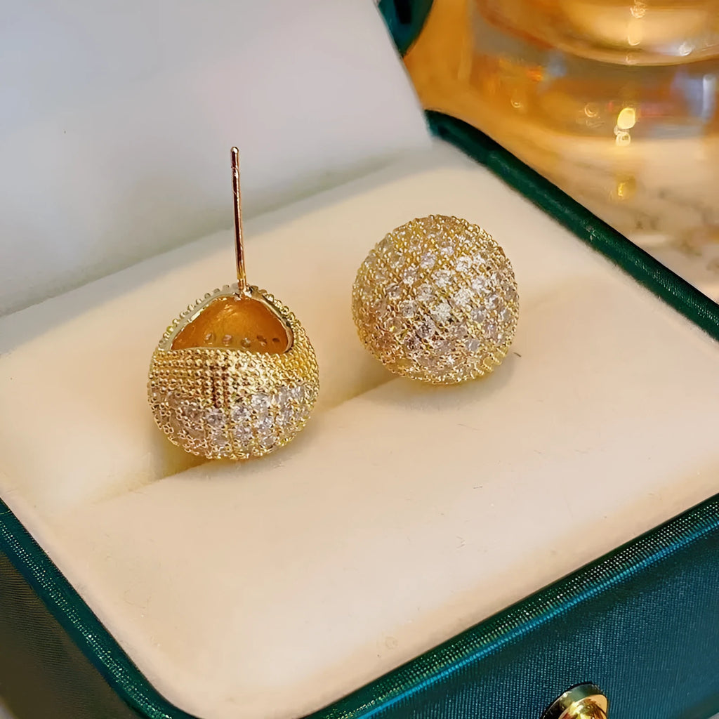 Gold and white drop earrings with geometric sphere design and full diamond little golden beans