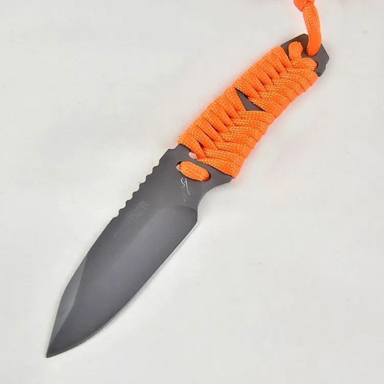 Straight survival knife with rope handle and black ABS sheath on a paper box.