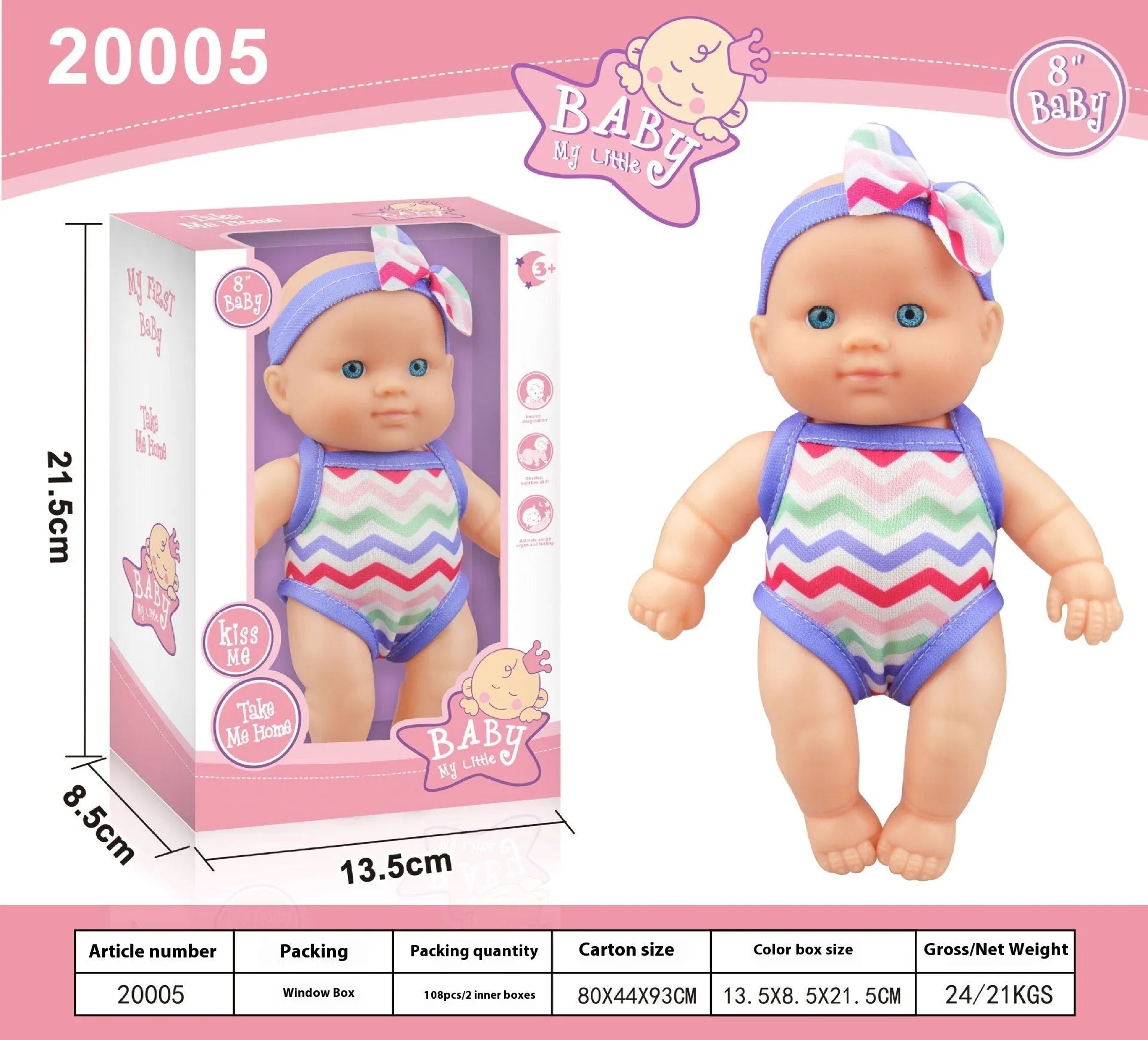 A detailed vinyl simulation baby figurine doll, showing its realistic features and proportions.
