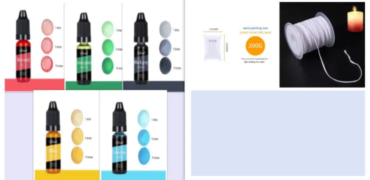 Set of 30 small bottles containing concentrated candle and soap dye pigments in various colours