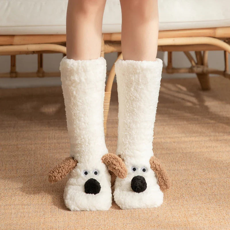Adorable cartoon dog design plush socks for women, warm and non-slip, perfect for winter.