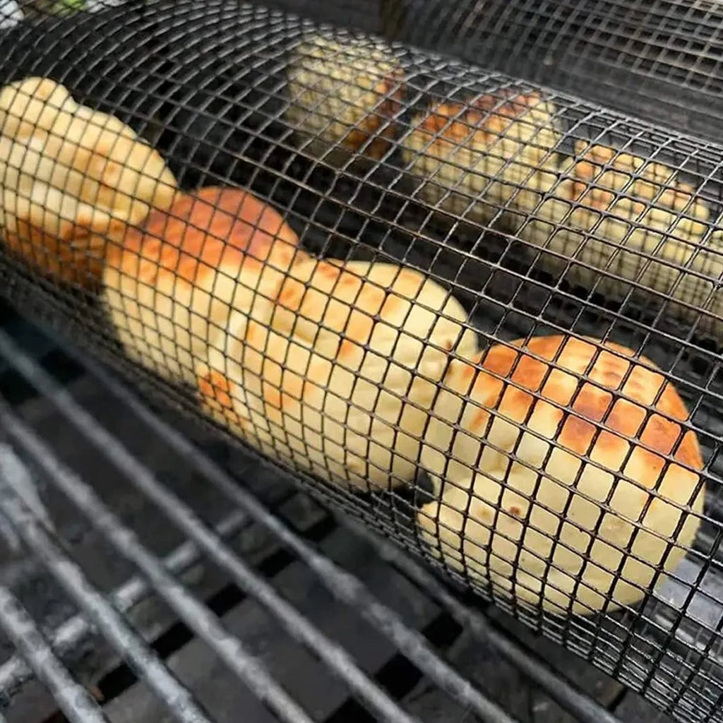 Iron wire rolling BBQ grilling basket with cylindrical mesh for vegetables and meatballs in two size options.