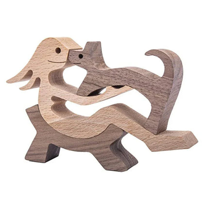 Handcrafted wooden dog sculpture featuring a man and his loyal canine companion