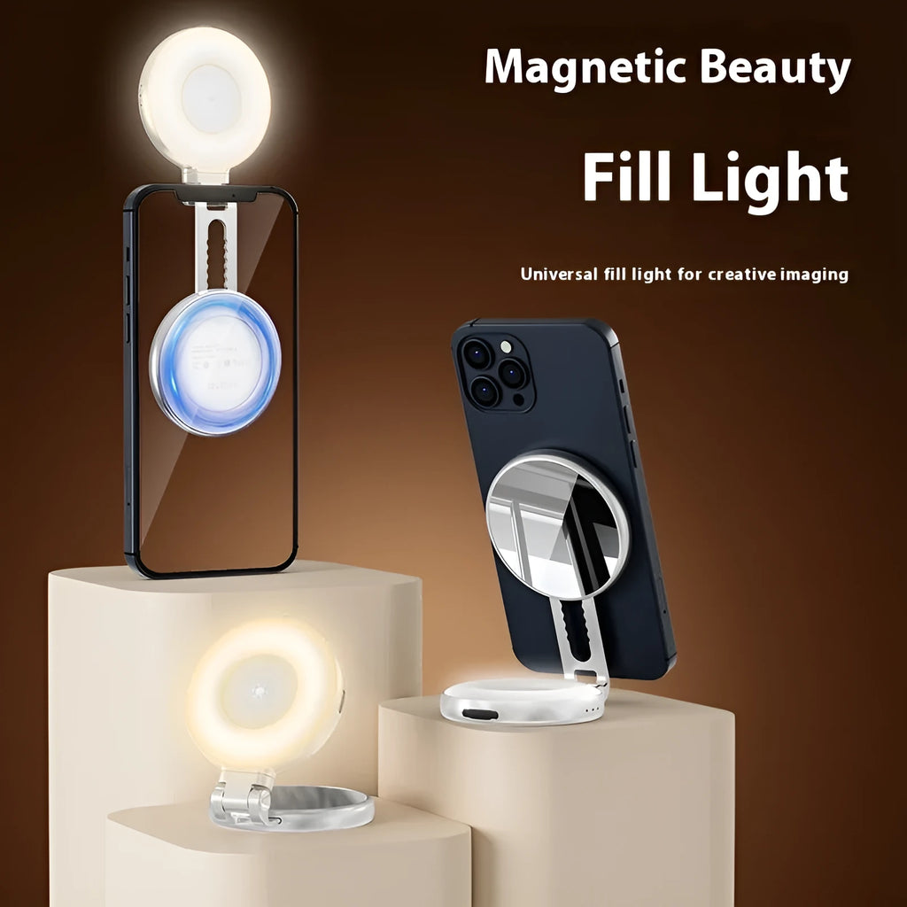 White mobile phone magnetic suction beauty fill light attached to smartphone for selfie lighting