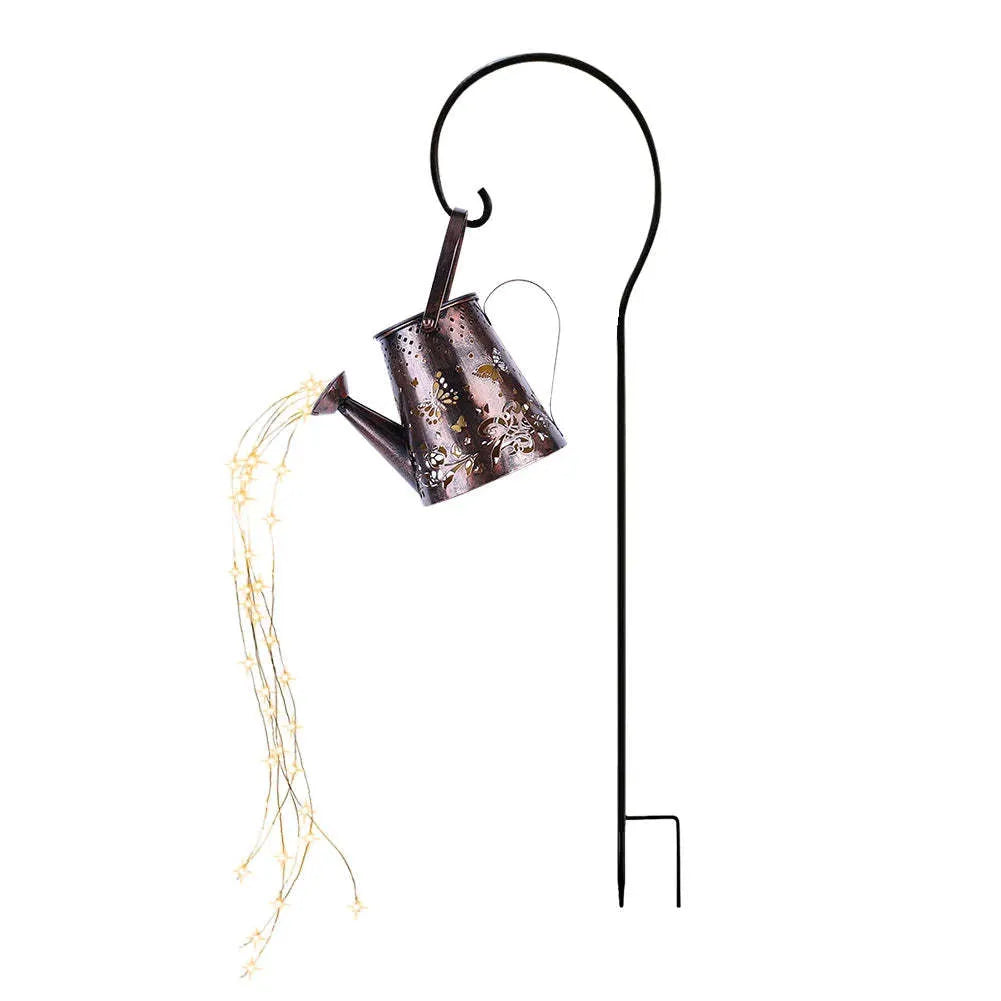 Iron solar garden lamp with pastoral butterfly pattern and warm white LED light.