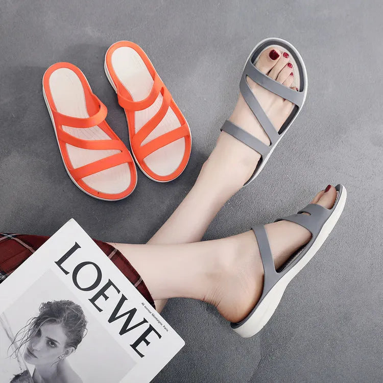 Women's solid colour casual sandals with breathable design for summer beachwear