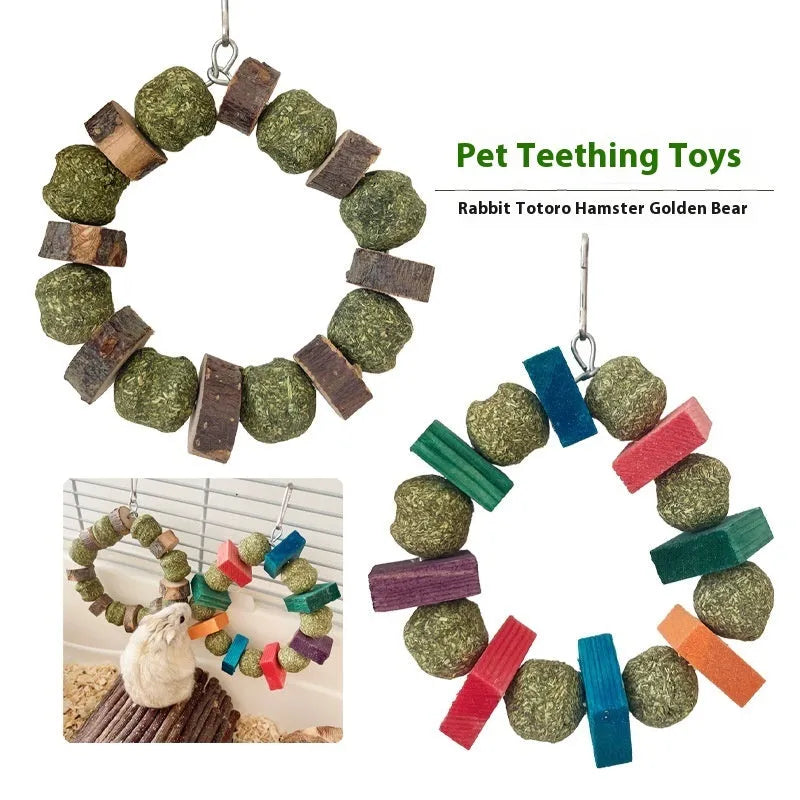 Hamster toy decorative ring with Applewood and colour sequin straw balls for small pets