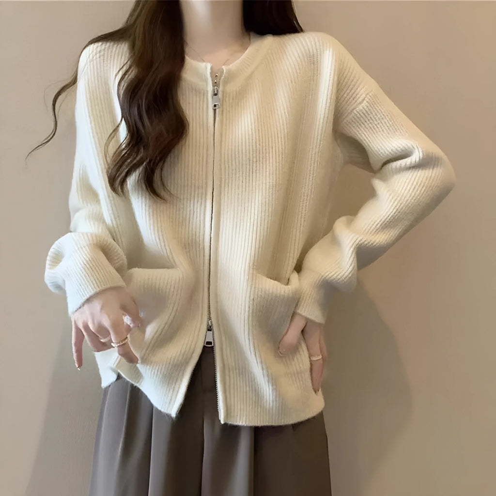 Beige viscose knit cardigan for women with long sleeves, shown open as a layer.
