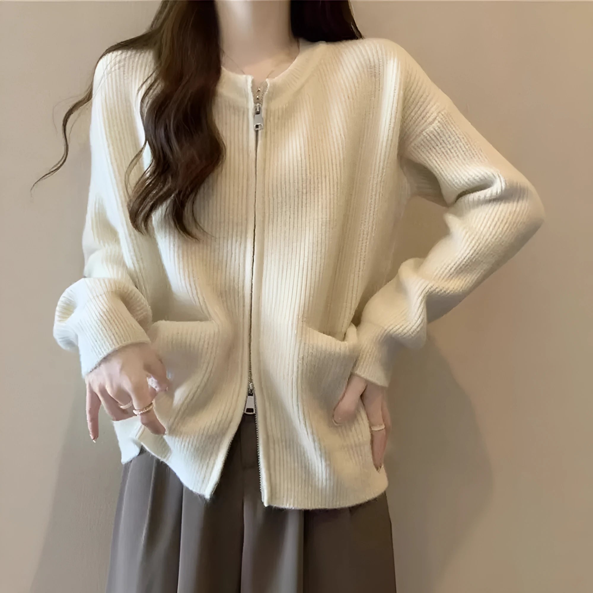 Beige viscose knit cardigan for women with long sleeves, shown open as a layer.