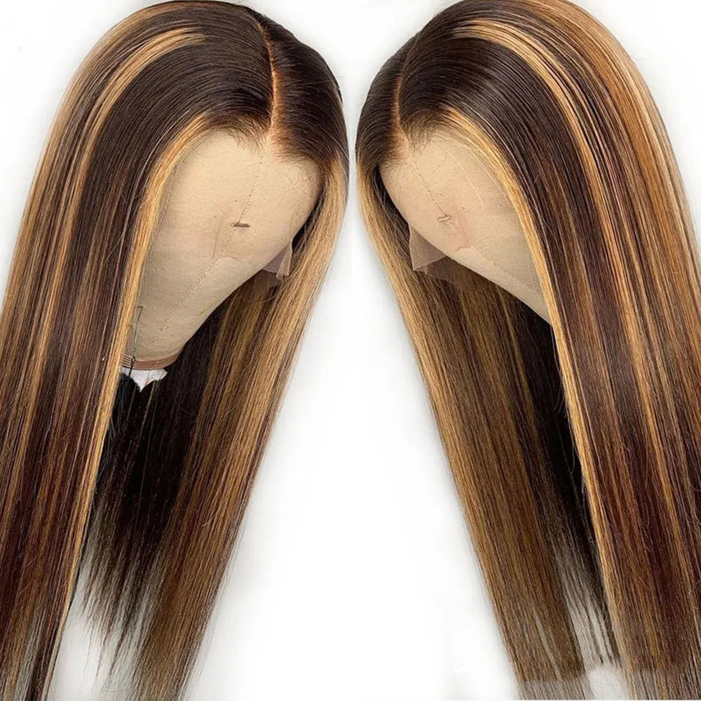 Piano color real hair T-shaped headgear on display with lengths 10 to 26 inches
