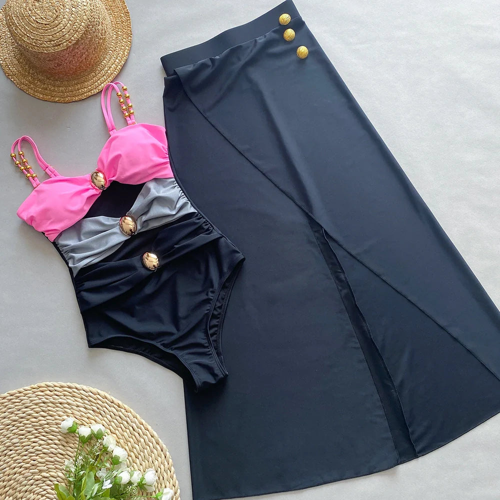 Women's one-piece swimsuit with matching skirt in high elasticity fabric for swimming and fitness