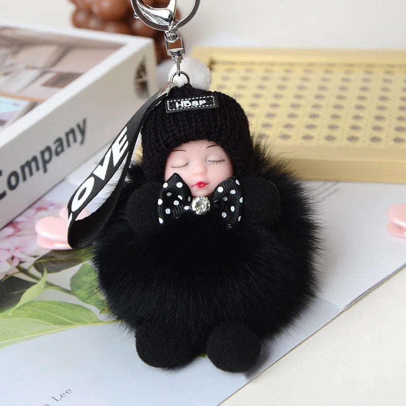 Hand-woven fox fur sleeping doll plush keychain pendant with or without bow