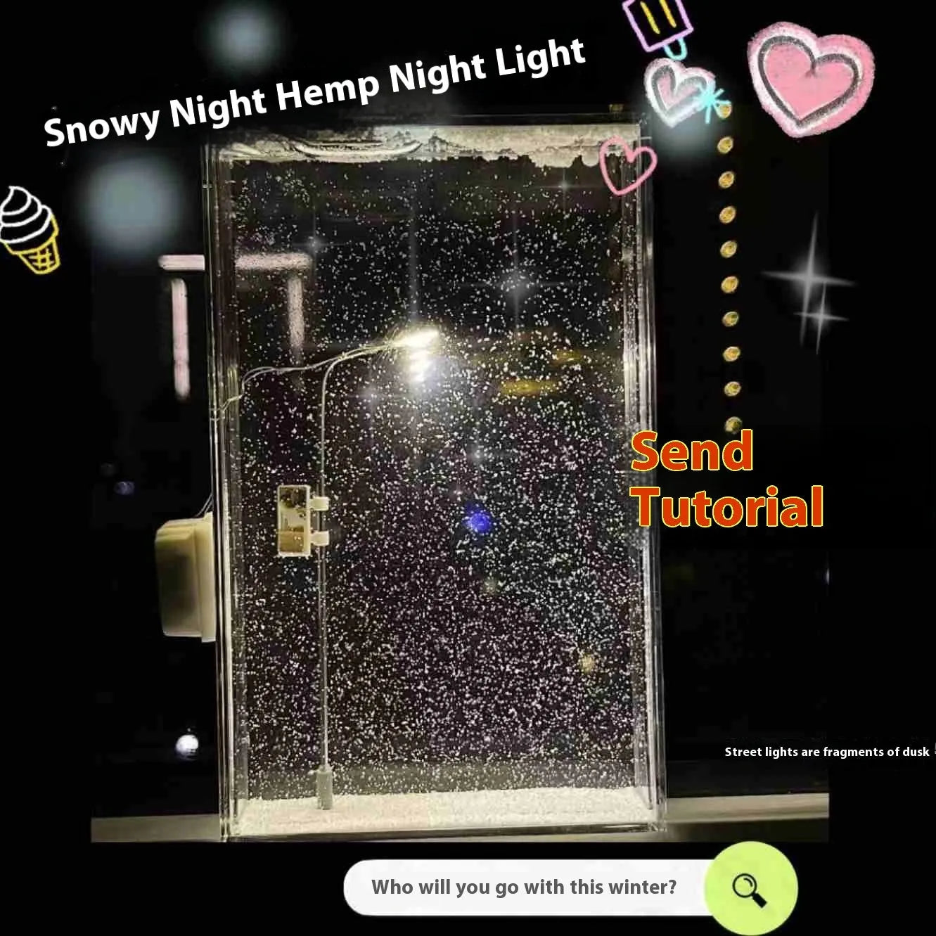 DIY snowy night light kit showing a small assembled street lamp with LED lights on a snowy flowing water landscape