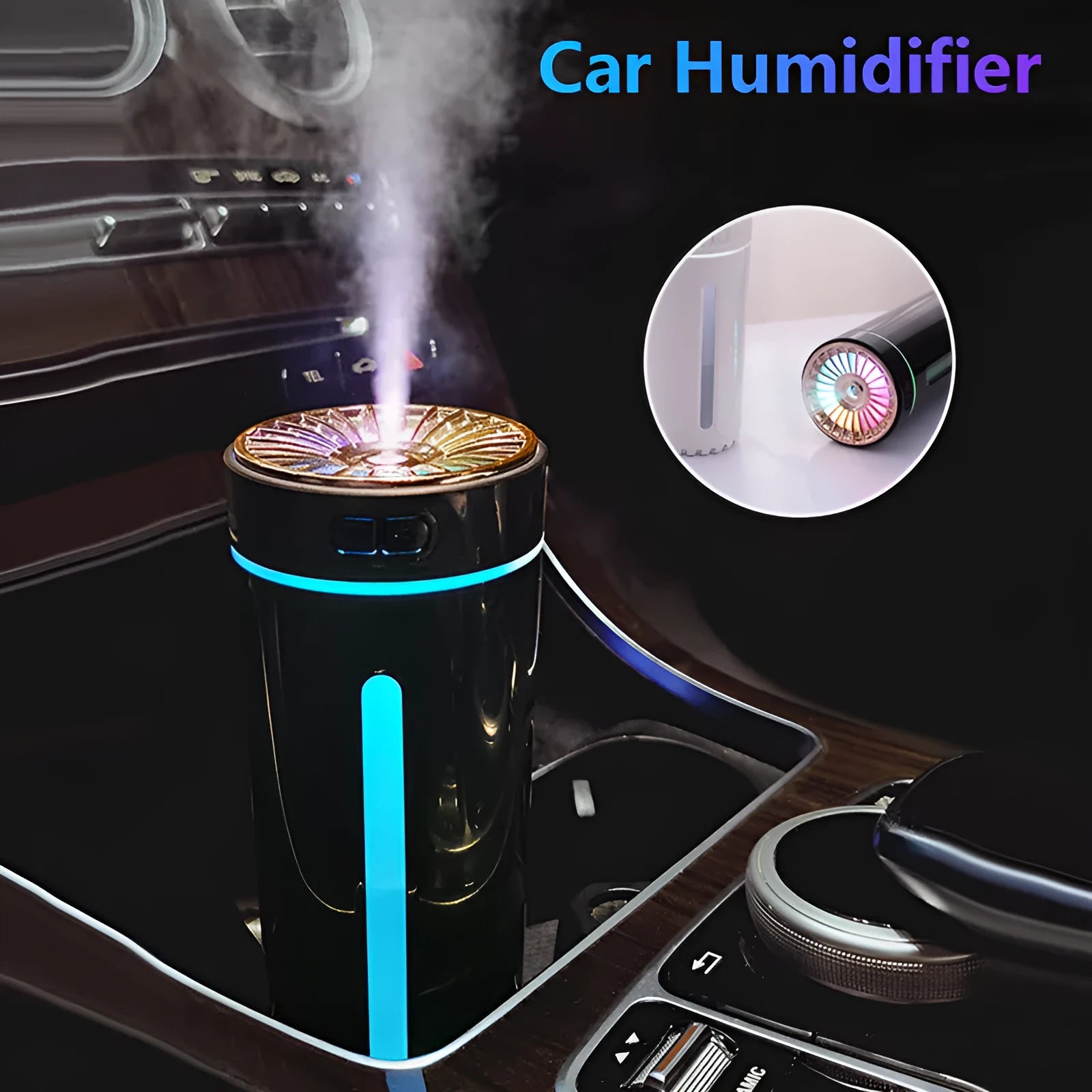 Compact black wireless USB humidifier with colourful LED lights on a car cup holder.
